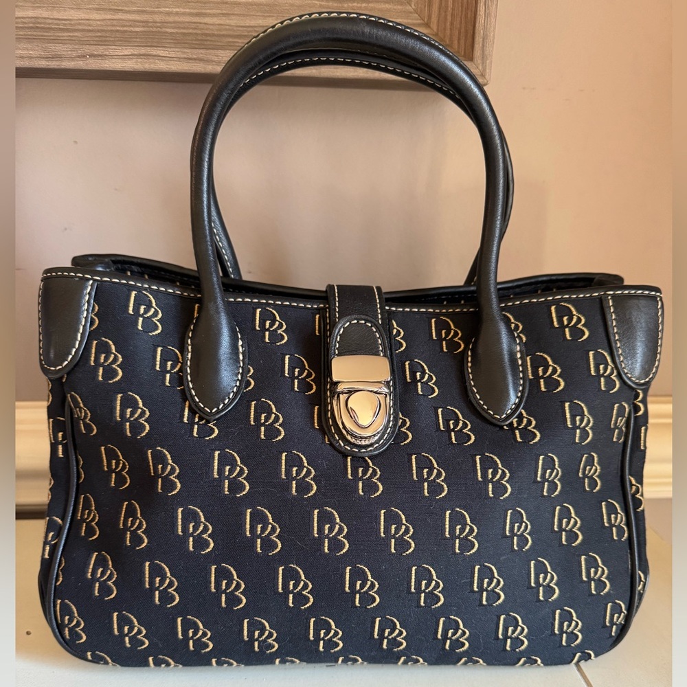 Dooney & Bourke Monogram Small Satchel Black Leather & Fabric Silver Buckle
